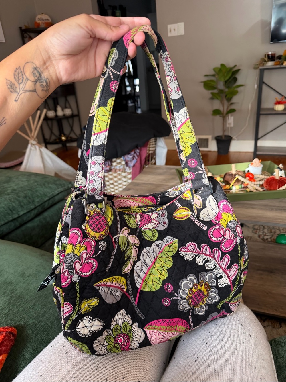 Vera Bradley Black Floral Quilted Shoulder Bag with Pink & Lime Accents